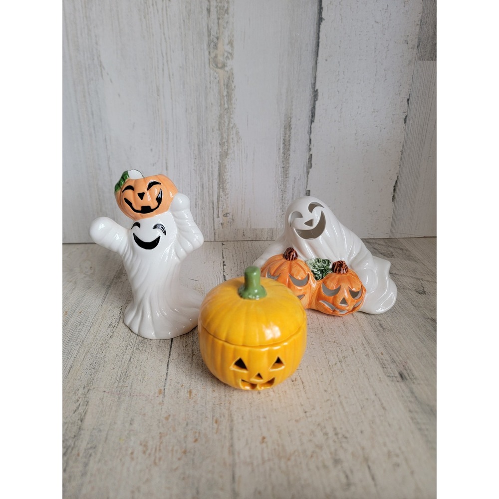 Vintage ceramic Halloween pumpkin ghost tea light candle figure set home